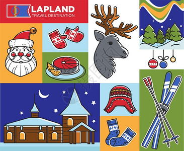 圣诞老人之家和冬季拉普兰旅行目的地矢量兔插画