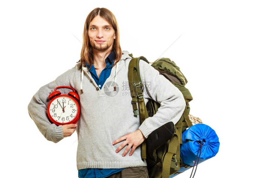 旅行时间季节年轻人背包员时钟旅行者暑假最后一分钟假期孤立在白色背景上男人包员时钟图片
