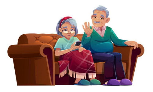 沙发上聊天女士老年男女通过移动电话交谈坐在疗养院的沙发上身着格子和年老灰色头发的养金领取者年妇女在沙发上放松使用智能手机聊天卡通矢量插图老年男插画