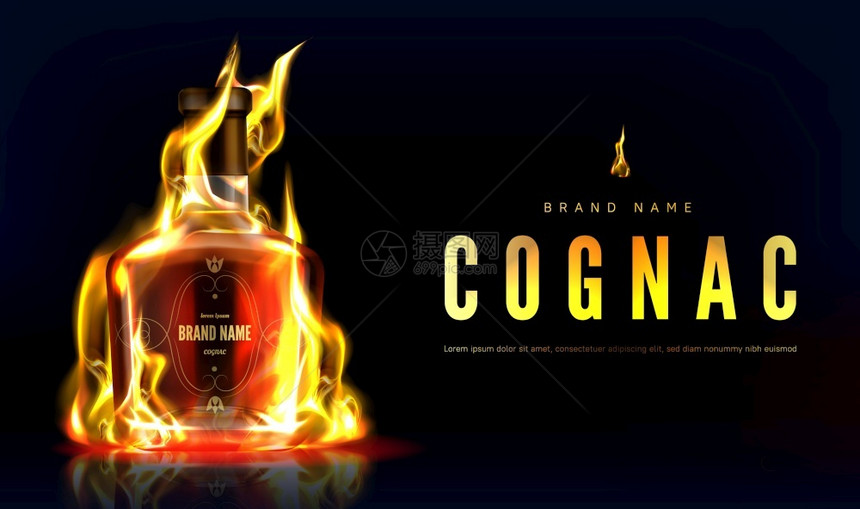 装在消防广告横幅上的科格纳克酒瓶关闭燃烧的玻璃空瓶子在黑色背景上用火焰烈饮酒料广告现实的3D矢量说明宣传海报贴上模型图片