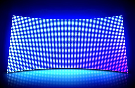 灯光墙面以发光的蓝色和紫点灯光引导的墙面视频屏幕用于体育场或现引导显示的电网模式矢量图示带有二极管灯网格的曲线数字面板光线构造引导墙面视插画