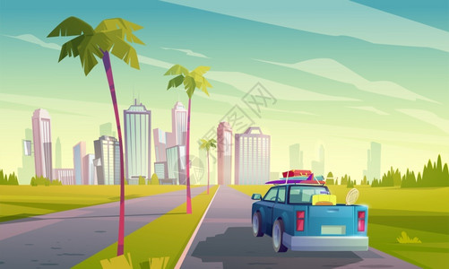 乘车旅行在前往热带城市的路上矢量插画图片