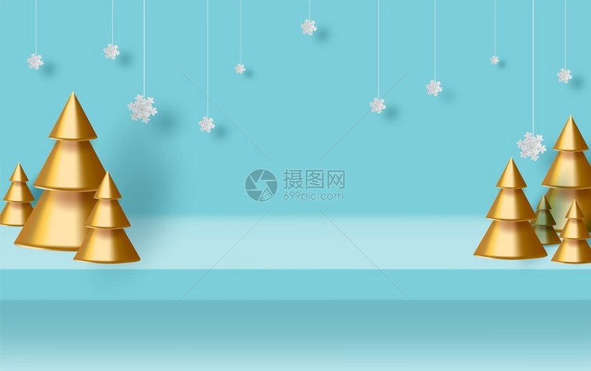 蓝圣诞背景和边界蓝圣诞背景由金树和上吊雪制成纸质艺术和手工品圣诞节贺数码卡图片