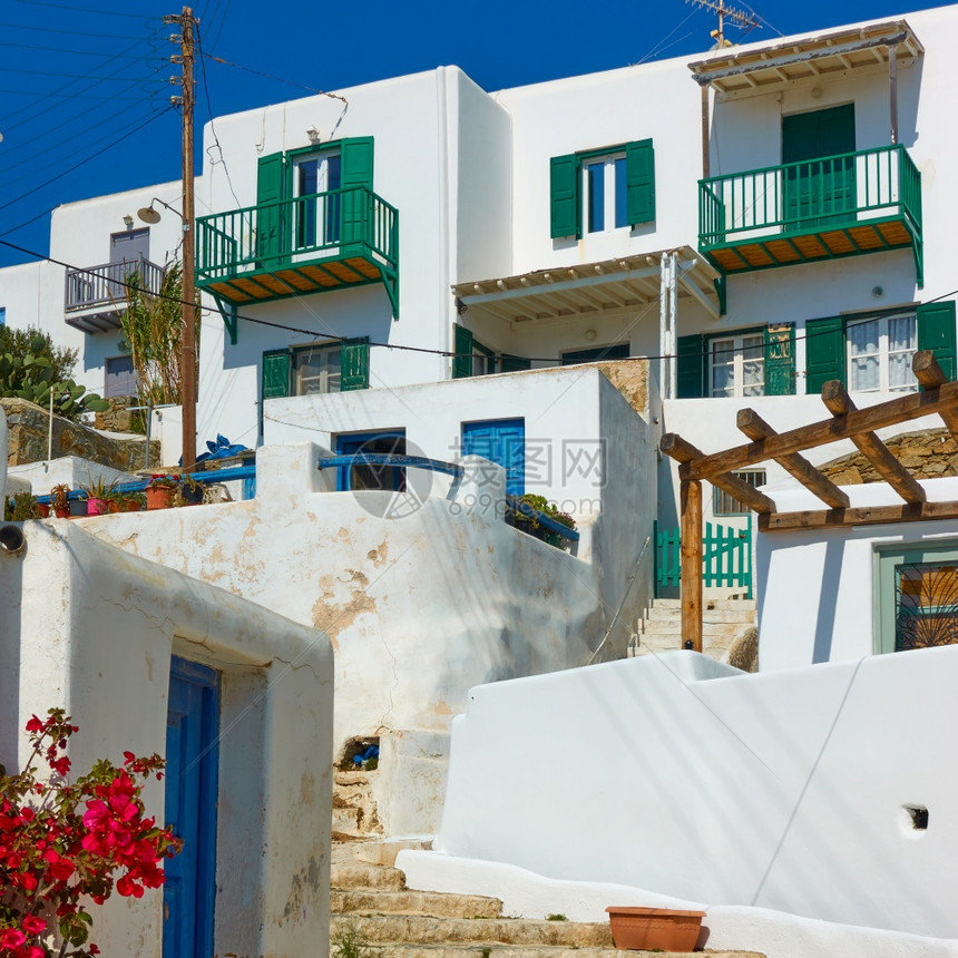 希腊Mykonos的白洗房屋图片