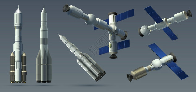 卫星模型3D号空间火箭现实的3D号空间飞船和站的收集自动卫星和行际站模拟型矢量说明重火箭和空间模块在灰色空间火箭现实的3D号空间飞船和站插画