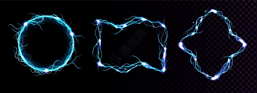 使目眩闪电框架动蓝雷击边界魔法门户能源打击在黑色和透明的背景中隔绝强电放喷雾现实的3d矢量图闪电框架雷击边界插画