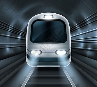 地下地铁隧道地铁隧道前视线的地铁列车火在路上有灯光照亮的现代地铁交通路客运车辆现实3D矢量图地铁隧道前视线的地铁列车火头插画
