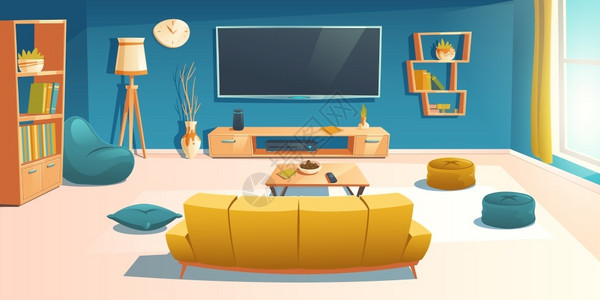 现代电视室内有沙发电视书架和咖啡桌的客厅墙上有电视机前的沙发空房设计豆袋椅和装饰卡通矢量插图沙发和电视的客厅公寓插画