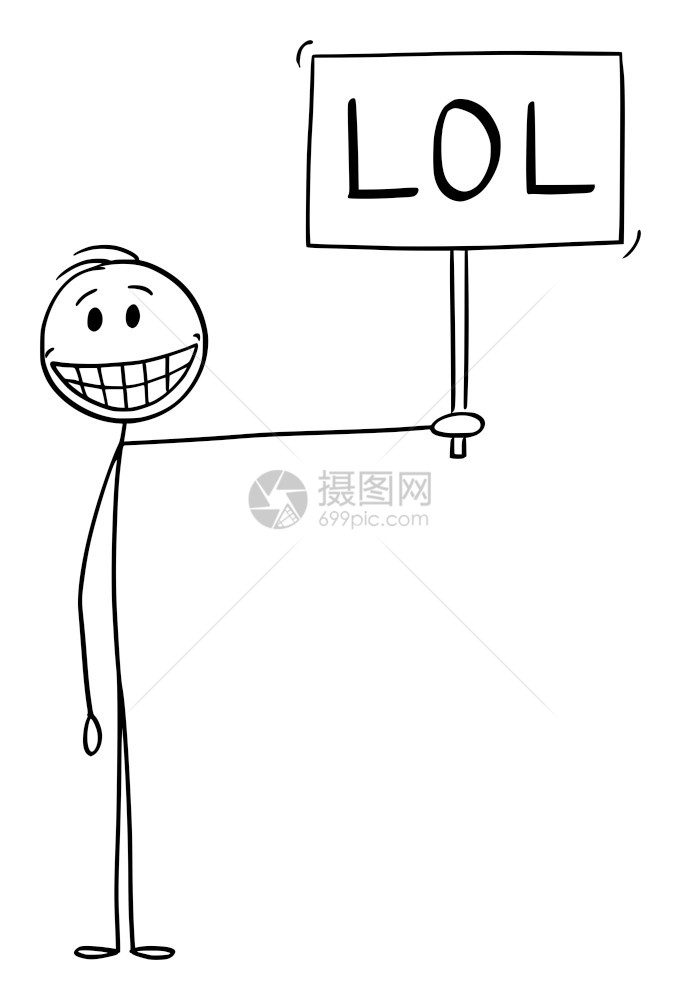 矢量卡通插图绘制微笑快乐的人展现积极情感和持有LOL信号的概念图在互联网Slang通讯中大声笑出来矢量卡通显示笑快乐的人展示积极图片