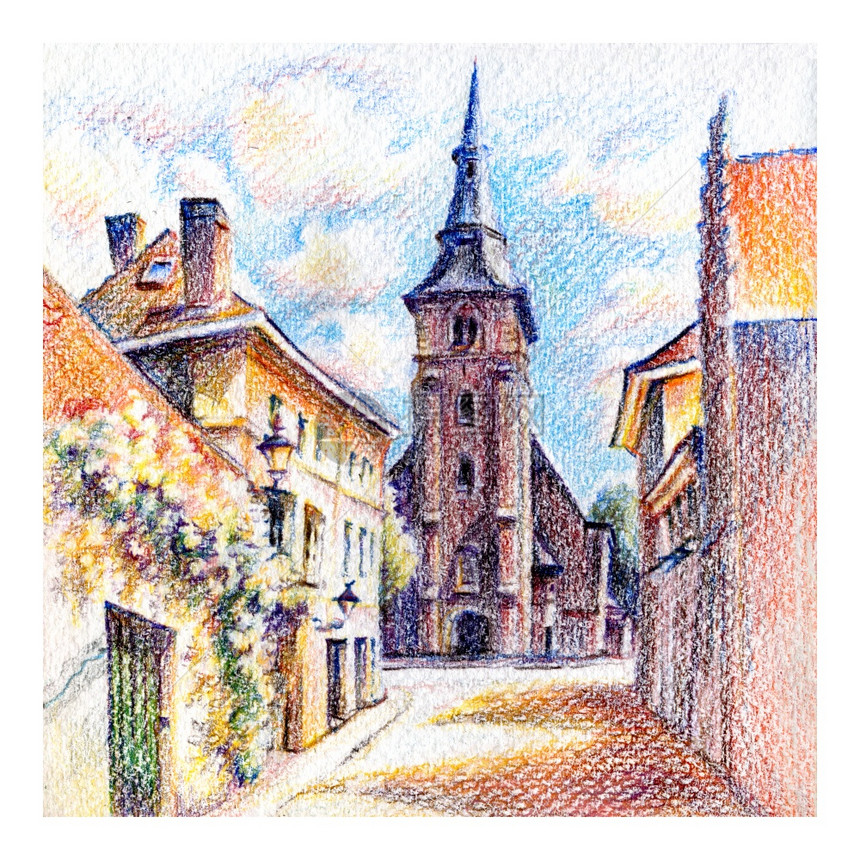 比利时古布鲁日街与教堂和美丽的中世纪房屋城市草图比利时用彩色铅笔绘画老布鲁日街教堂图片