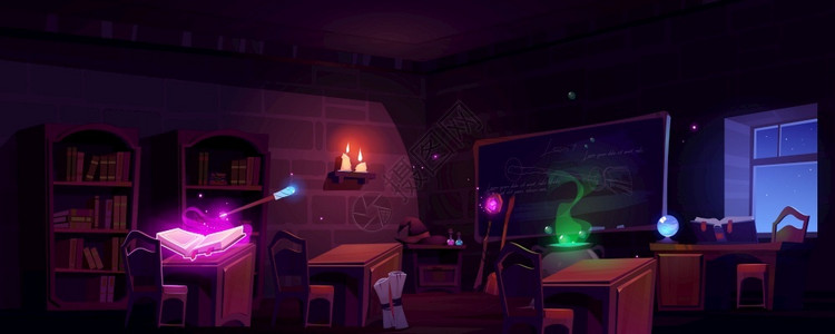夜间的魔法学校教室图片