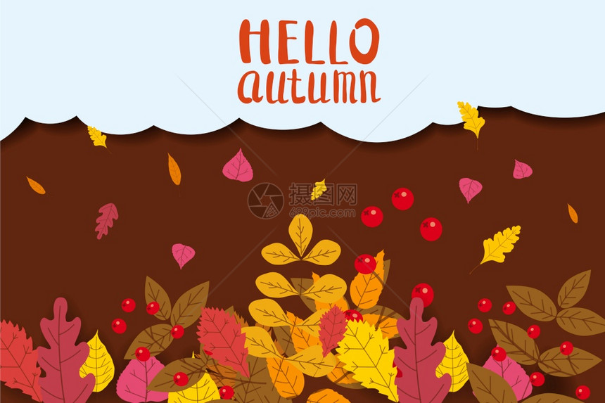 你好秋天日黄橙棕秋季字母海报模板横幅矢量孤立图片