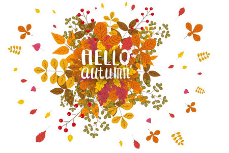 棕桐叶你好秋天日黄橙棕秋季字母海报模板横幅矢量孤立插画
