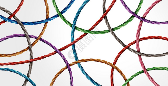 团结和联系共同工作的概念和团结或队合作为加入合和协工象征的各种绳子合作伙伴关系商业比喻背景图片