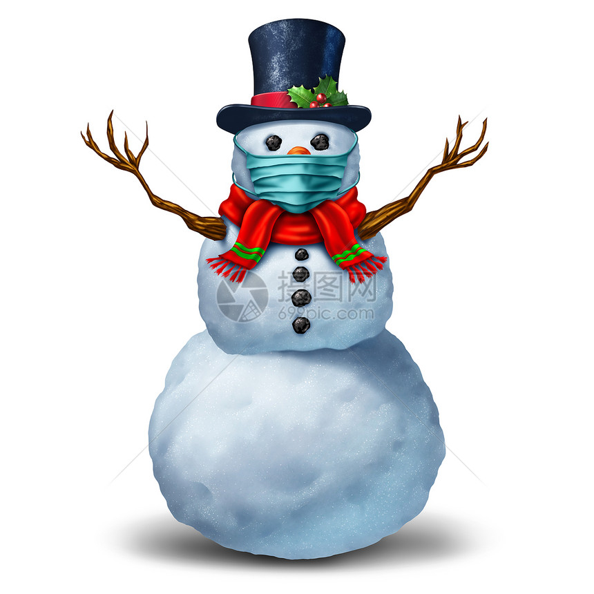 雪人戴着面罩作为冬季雪人假日标志作为预防保健和疾病的医疗设备用3D插图来预防图片