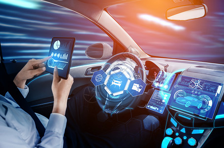 手机到账驾驶舱HUD技术内部使用AI人工智能传感器驾驶无人的汽车背景