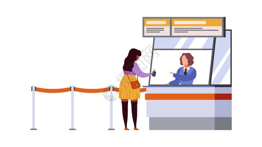 妇女旅行登记机场终点站空中飞行检查票和文件旅客登记册携带行李的候飞机离境旅行者及现代扁卡通矢量概念空中飞行检查背景图片