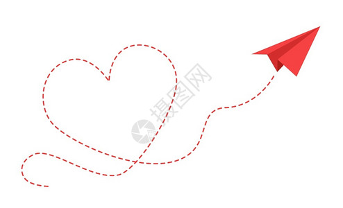 飞信带有桃心虚线的红色纸飞机卡通矢量插画插画