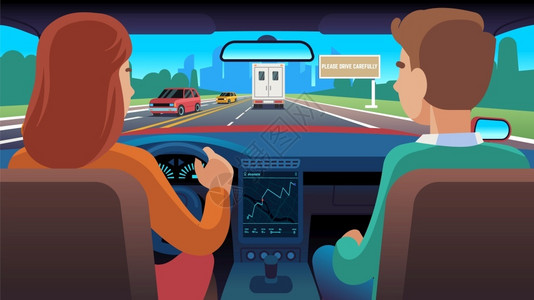 人开车妇女驾驶员和乘客车前往城市的公路上插画