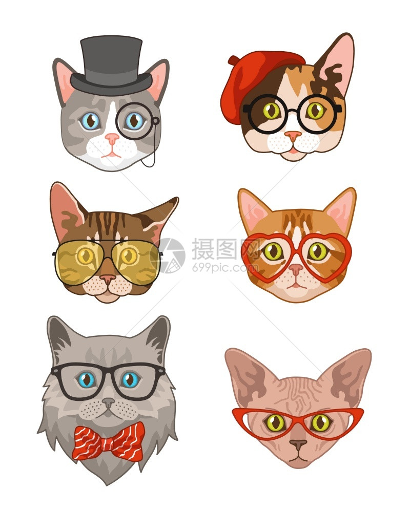 带帽子和弓领眼镜太阳的怪猫带帽子和弓领的怪猫戴眼镜和太阳的怪猫画有智能时装人物的动收集老式小猫的长T恤印平板卡通矢量片孤立的Hi图片