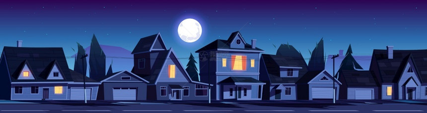 郊区街道夜晚房屋插画图片