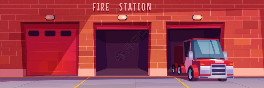 建筑砖素材应急部门消防车闭门和开砖墙卡通矢量插图插画