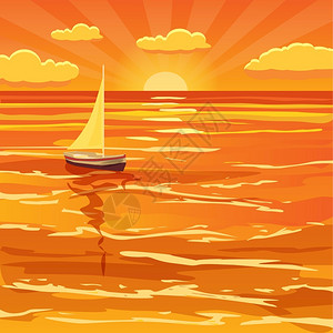 美丽的日落海景矢量插画图片
