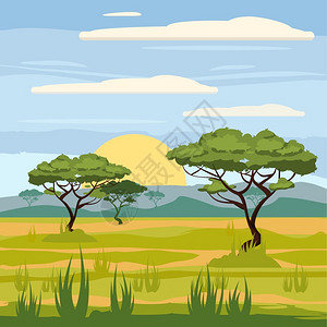 非洲地貌热带草原自然树木矢量插画背景图片
