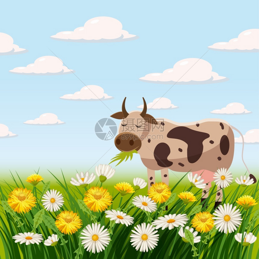卡通风格农场奶牛在草地上吃草矢量插画图片