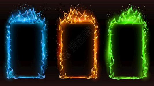 各种颜色的火焰火框架不同颜色矢量火框架颜色运动效果橙色和蓝发光危险易燃横幅插图火框架不同颜色矢量火框架插画