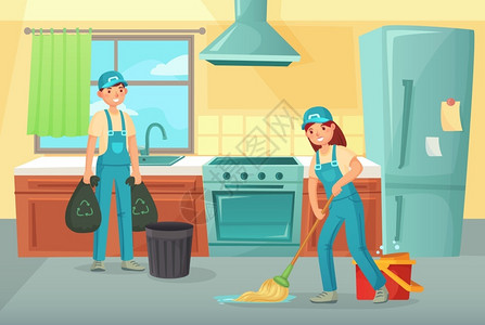 清理厨房专业清洁工人插画