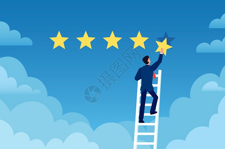 5颗星客户评级商人站在梯子上给5星客户反馈积极审查评价系统矢量概念企业成功审查评级服务客户说明评级商人站在梯子上给客户反馈积极审查评价插画