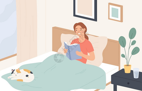 成人用品详情页女孩在床上阅读书籍插画