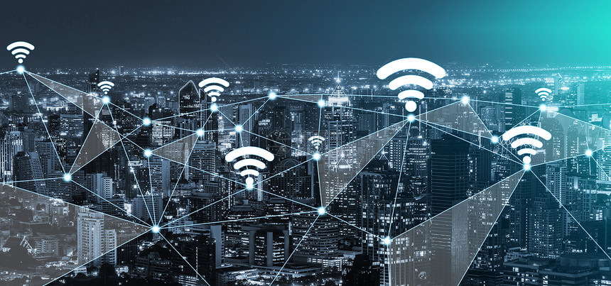 现代创造通信和互联网络在智能城市连接5G无线数字连接和事物未来互联网的概念图片