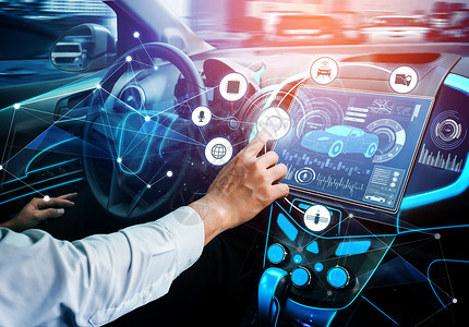 智能汽车自动驾驶驾驶舱HUD技术内部使用AI人工智能传感器驾驶无人的汽车背景
