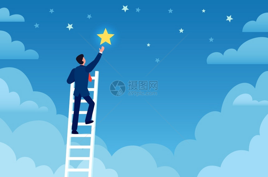 商业成功上阶梯的人到达天空星到目标和梦想职业提升领导力创造平板矢量概念雇员爬上夜空成功的职业上梯子的人到达天空实现目标和梦想职业图片