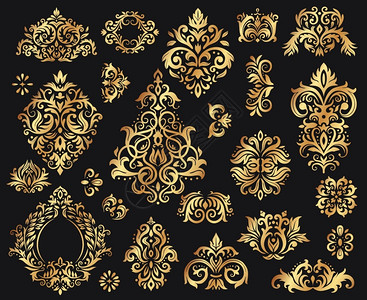 金色达马斯克装饰品旧花岗纹样板装饰用巴洛克品豪华的优等元素黑色矢量插图上的皇家花岗纹抽象装饰品巴洛克背景图片