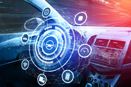智能汽车自动驾驶驾驶舱HUD技术内部使用AI人工智能传感器驾驶无人的汽车背景