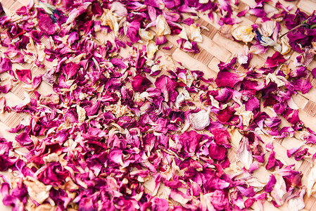 粉红玫瑰花瓣在木本底干燥最高视图干玫瑰花瓣图片
