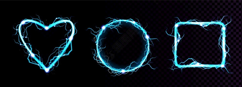 星驰闪电体以圆形心和平方状的电闪框架数字光线边框矢量现实的蓝色闪电排放在透明背景中分离矢量现实的蓝色电闪框架插画