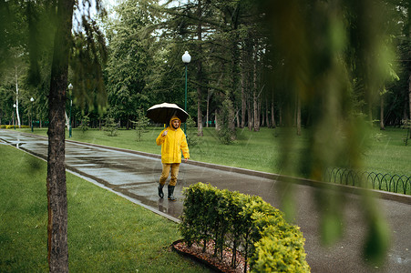 雨天衣和橡皮靴巷子里的湿天气孤独自一人在公园雨日独自一人带着伞在公园行走背景图片