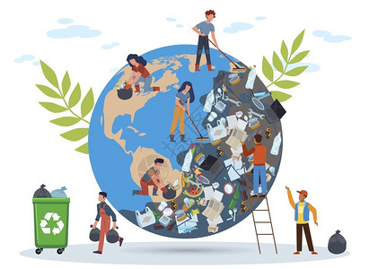 塑料污染清洁地球的人插画