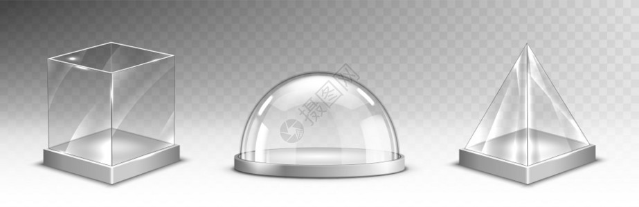 套筒组套现实的玻璃立方体金字塔球或圆顶在透明背景上隔离的圣诞节雪球纪念品金属基上的晶体容器喜悦的Xma礼物模拟现实的3D矢量组圆顶圣诞套插画