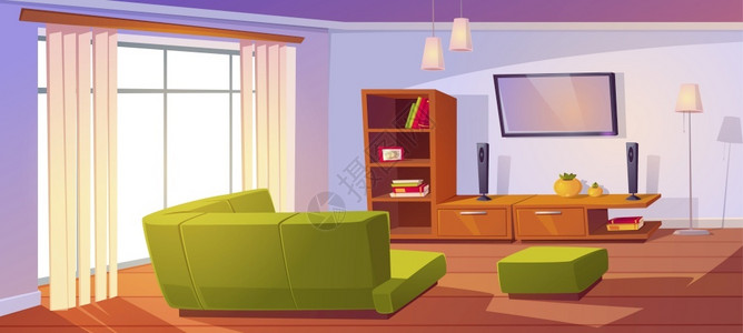 电视噪波角落沙发大窗户书棚和墙上的电视客厅插画