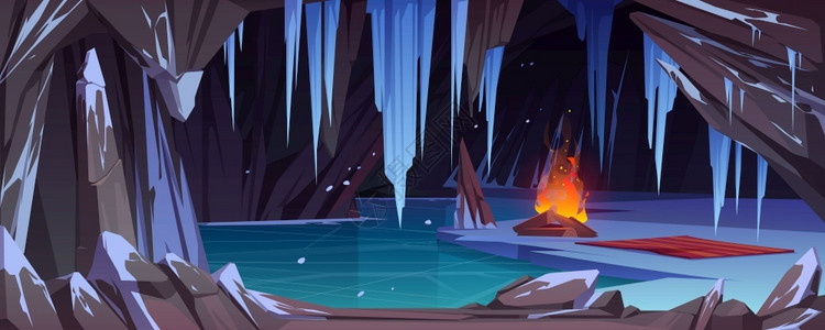 冰石之上黑暗洞穴中的冰湖插画