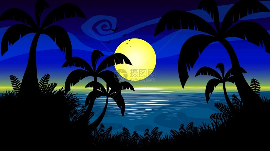 卡通日落海边椰子树矢量背景图片