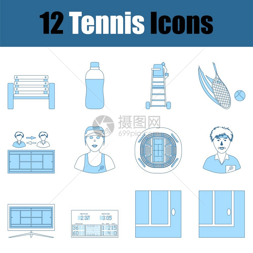 网球图标设置带蓝色填充设计图的细线矢量说明图片