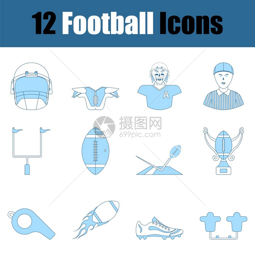 足球图标集蓝色填充设计薄线矢量说明图片