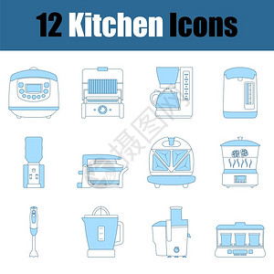 厨房图标设置带蓝色填充设计的细线矢量说明图片