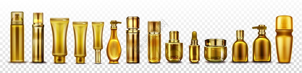 小瓶香水金化妆品瓶精质奶油或润滑剂洗发精美护肤产品在透明背景的现实3D矢量说明图标集上隔离插画
